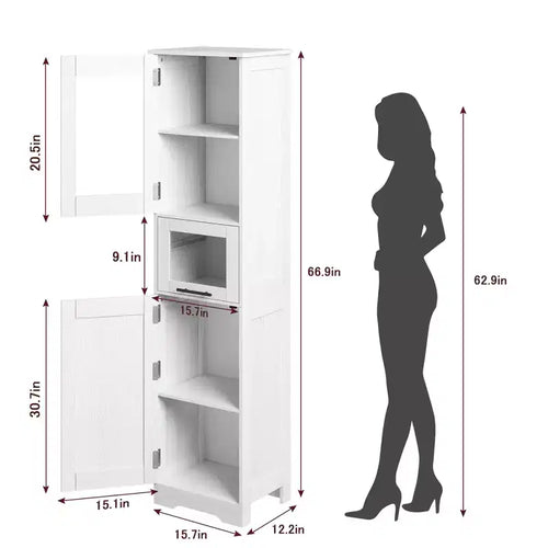 Élément de rangement haut et étroit de 170 cm avec portes vitrées et étagère réglable, armoire autoportante étroite