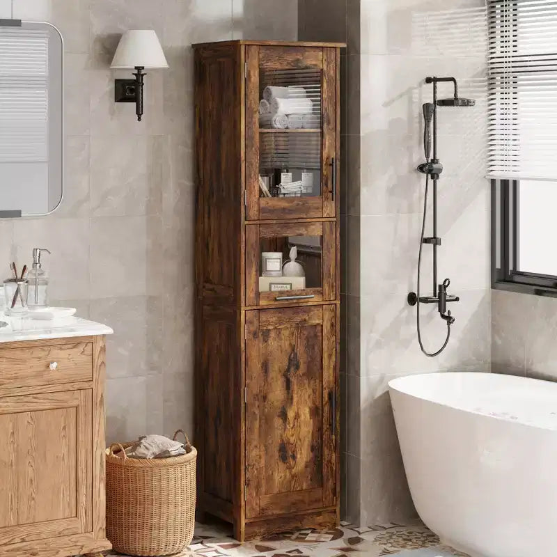 Élément de rangement haut et étroit de 170 cm avec portes vitrées et étagère réglable, armoire autoportante étroite