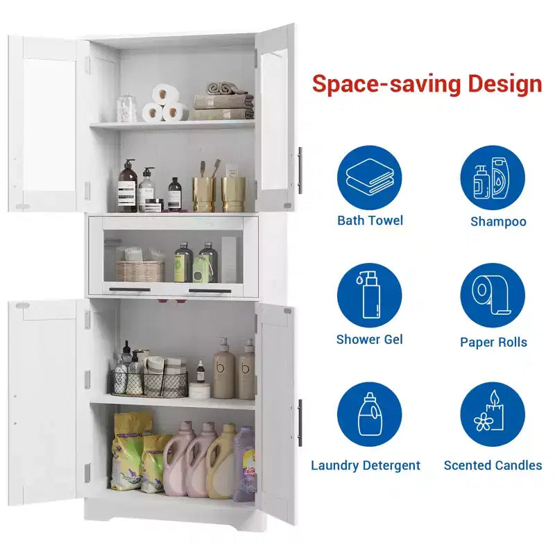 Élément de rangement haut et étroit de 170 cm avec portes vitrées et étagère réglable, armoire autoportante étroite