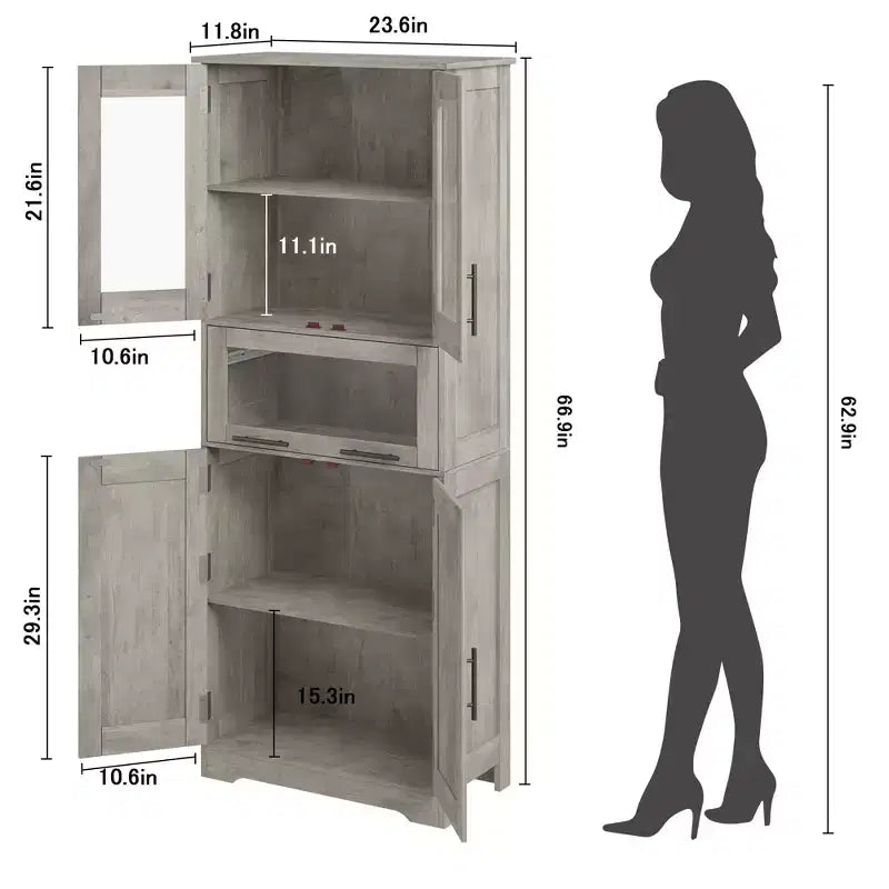 Élément de rangement haut et étroit de 170 cm avec portes vitrées et étagère réglable, armoire autoportante étroite