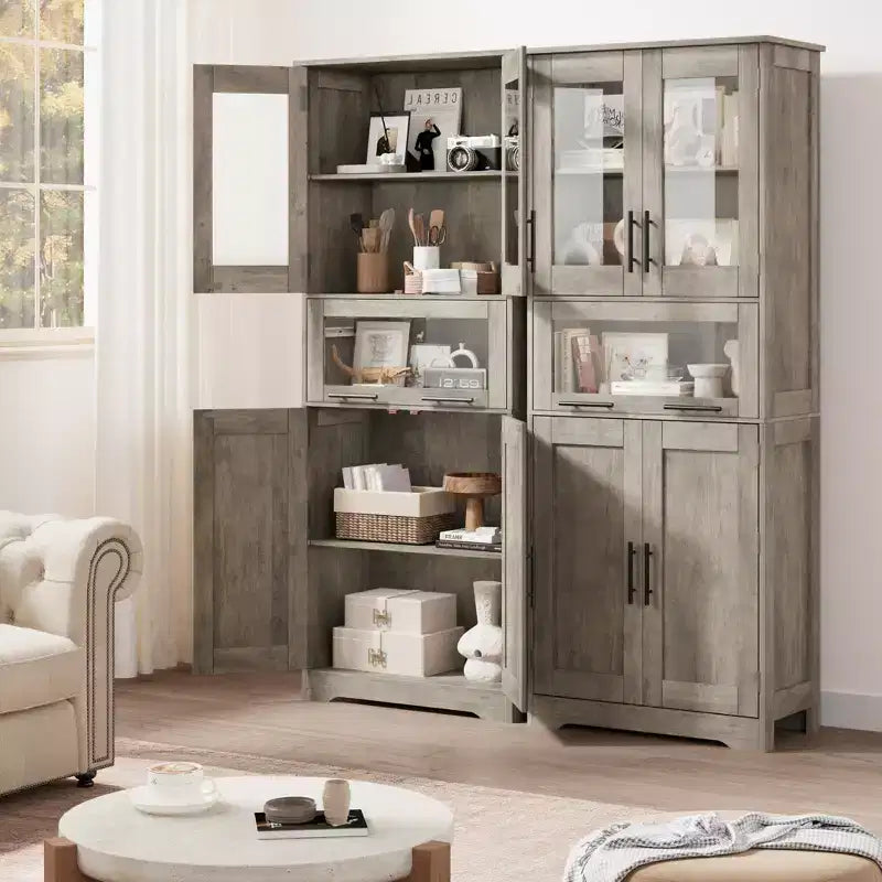 Élément de rangement haut et étroit de 170 cm avec portes vitrées et étagère réglable, armoire autoportante étroite