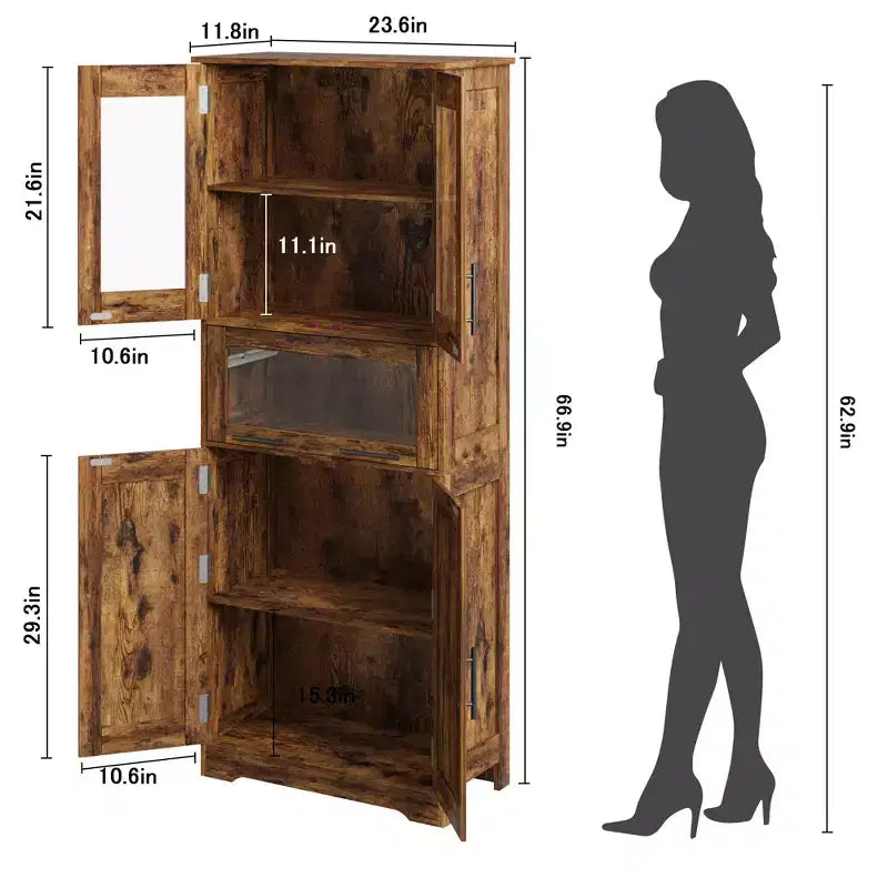 Élément de rangement haut et étroit de 170 cm avec portes vitrées et étagère réglable, armoire autoportante étroite