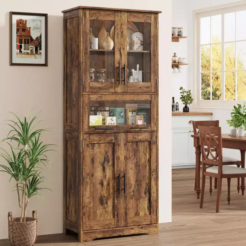 Élément de rangement haut et étroit de 170 cm avec portes vitrées et étagère réglable, armoire autoportante étroite