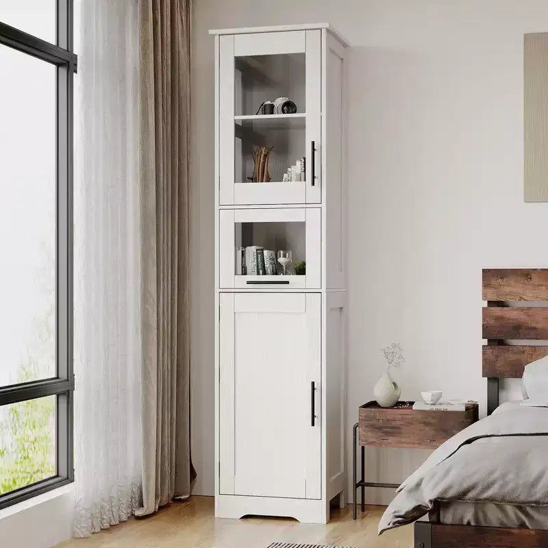 Élément de rangement haut et étroit de 170 cm avec portes vitrées et étagère réglable, armoire autoportante étroite