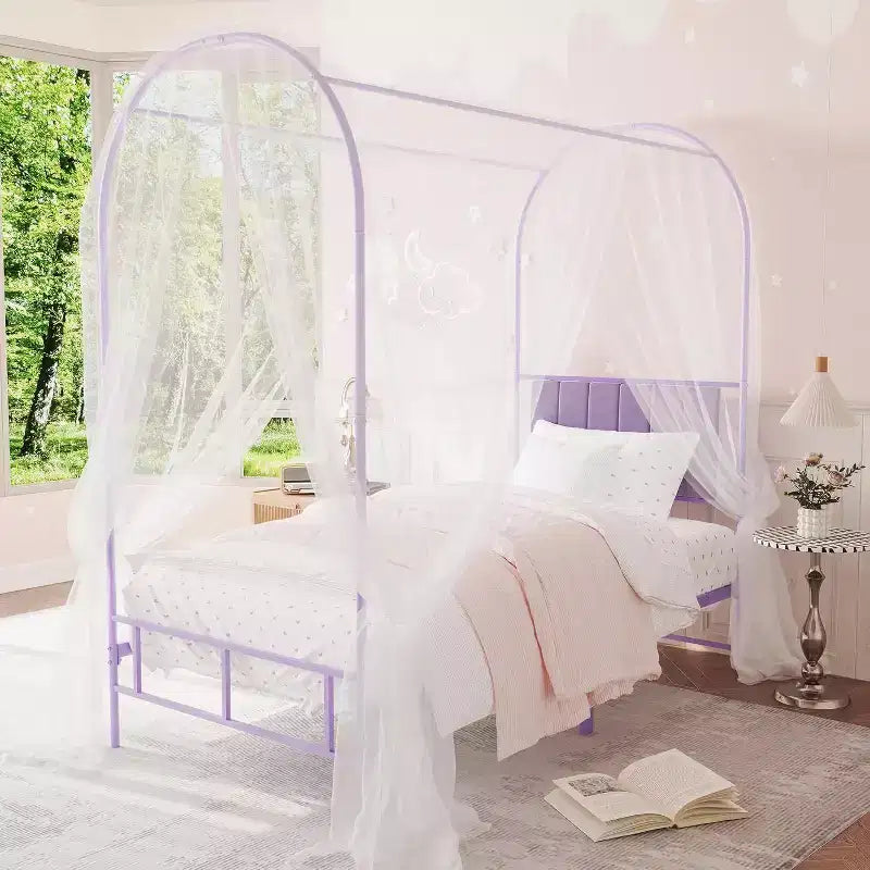 Acekool Lit à baldaquin double avec tête de lit rembourrée, cadre de lit plateforme en métal pour enfants, lattes solides, sommier tapissier non requis