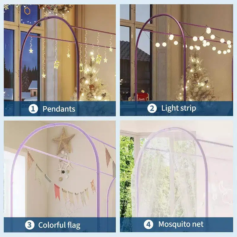 Acekool Lit à baldaquin double avec tête de lit rembourrée, cadre de lit plateforme en métal pour enfants, lattes solides, sommier tapissier non requis