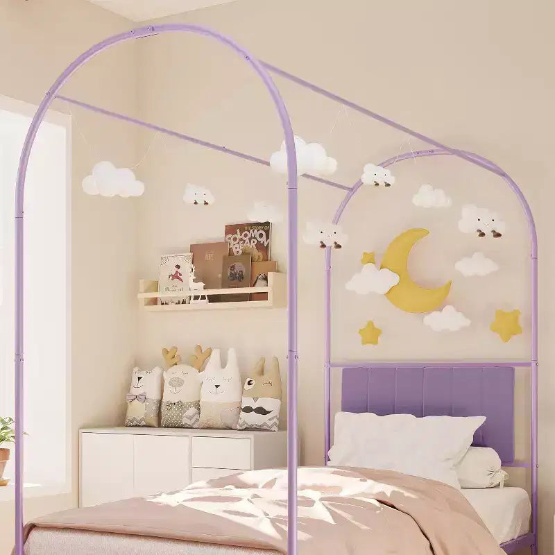 Acekool Lit à baldaquin double avec tête de lit rembourrée, cadre de lit plateforme en métal pour enfants, lattes solides, sommier tapissier non requis
