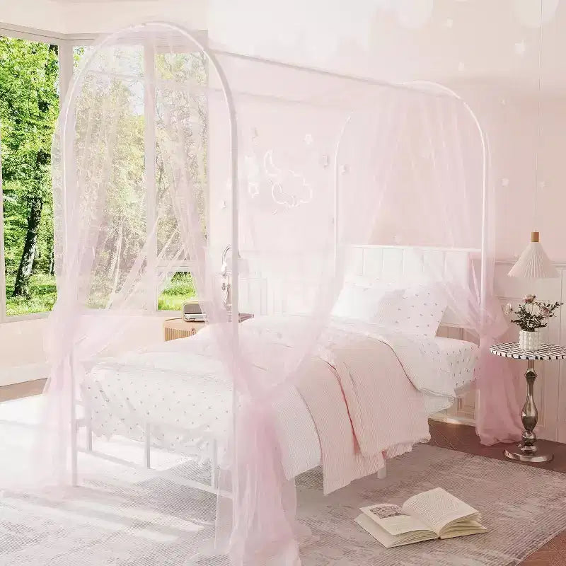 Acekool Lit à baldaquin double avec tête de lit rembourrée, cadre de lit plateforme en métal pour enfants, lattes solides, sommier tapissier non requis