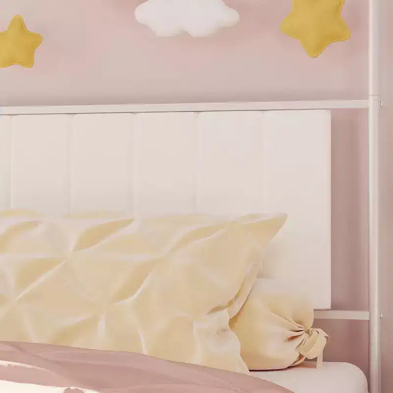 Acekool Lit à baldaquin double avec tête de lit rembourrée, cadre de lit plateforme en métal pour enfants, lattes solides, sommier tapissier non requis
