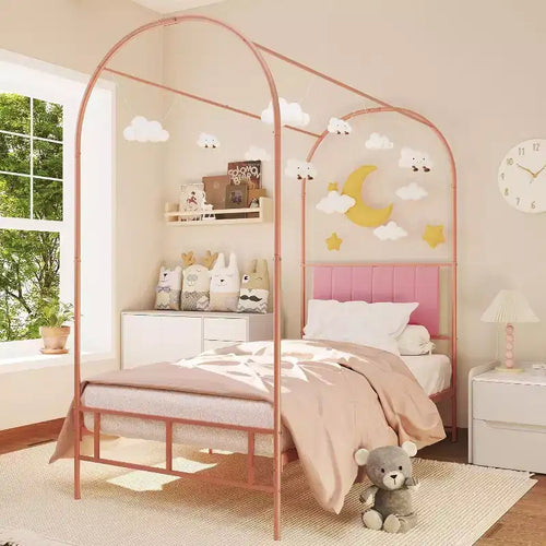 Acekool Twin Size Canopy Bed Frame with Upholstered Headboard, Metal Platform Kids Bed, Strong Slats, No Box Spring Needed