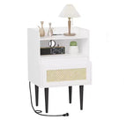 Rattan Nightstand Set of 2, White Bedside Table, Farmhouse End Table with Drawer and Open Storage Shelf, Modern Side Table for Bedroom, Living Room