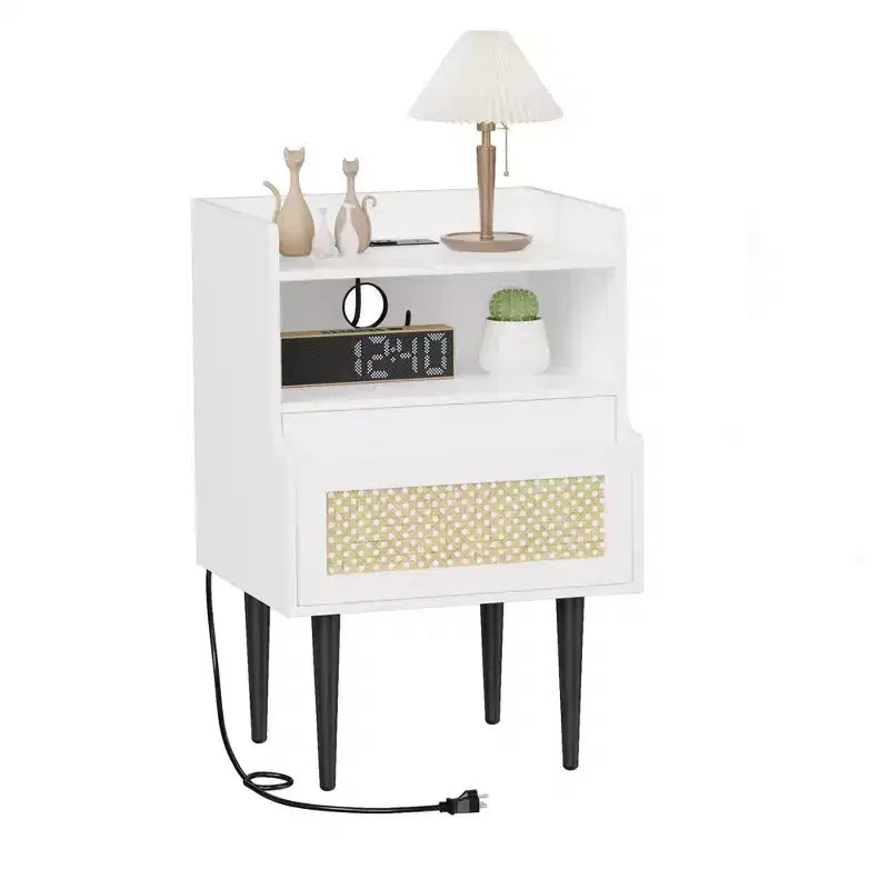 Rattan Nightstand Set of 2, White Bedside Table, Farmhouse End Table with Drawer and Open Storage Shelf, Modern Side Table for Bedroom, Living Room