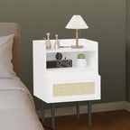 Tables de chevet en rotin (lot de 2), tables de chevet blanches, tables d'appoint de style rustique avec tiroir et étagère ouverte, tables d'appoint modernes pour chambre à coucher et salon