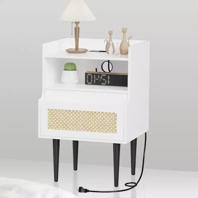 Tables de chevet en rotin (lot de 2), tables de chevet blanches, tables d'appoint de style rustique avec tiroir et étagère ouverte, tables d'appoint modernes pour chambre à coucher et salon