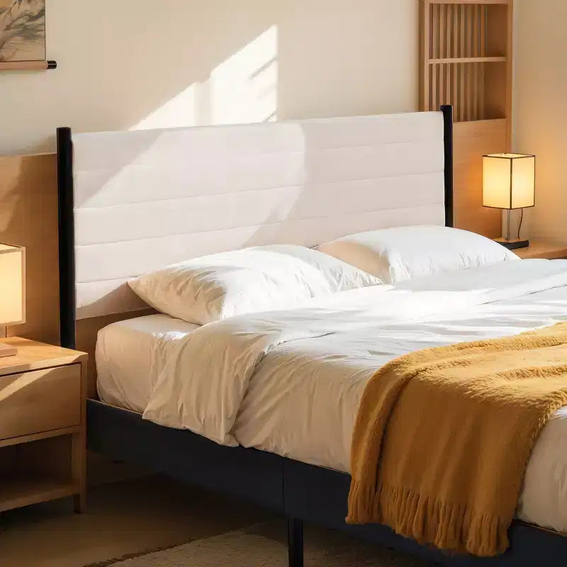 Subrtex Lit capitonné à dossier haut, cadre de lit plateforme en bois massif