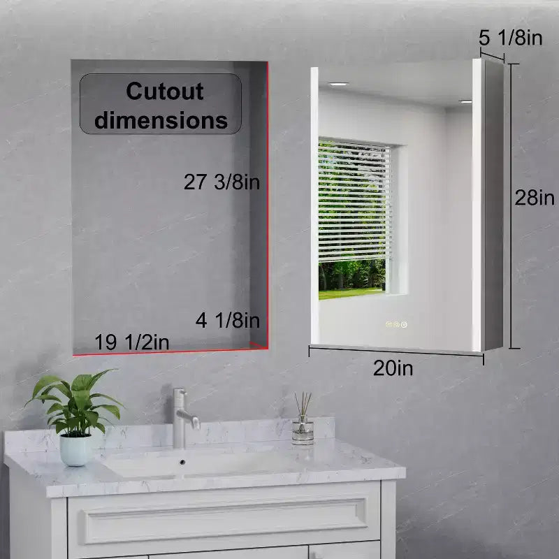 Armoire à pharmacie LED avec miroir, montage en surface ou encastré, lumière dimmable 3 couleurs, anti-buée, USB et prise de courant
