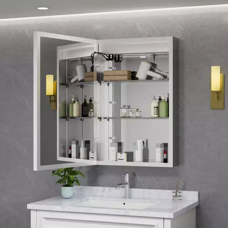 Armoire à pharmacie LED avec miroir, montage en surface ou encastré, lumière dimmable 3 couleurs, anti-buée, USB et prise de courant