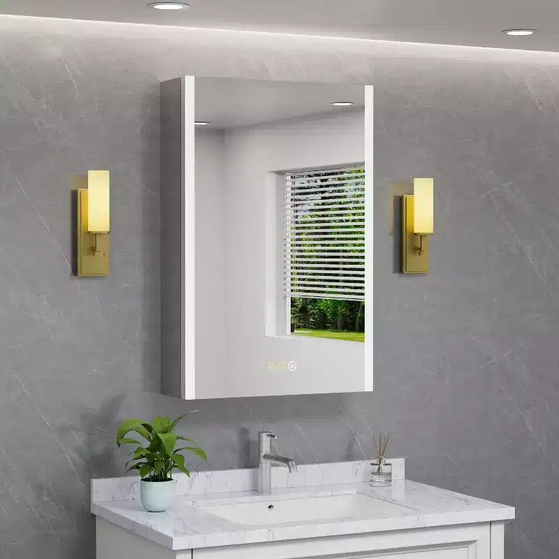 Armoire à pharmacie LED avec miroir, montage en surface ou encastré, lumière dimmable 3 couleurs, anti-buée, USB et prise de courant