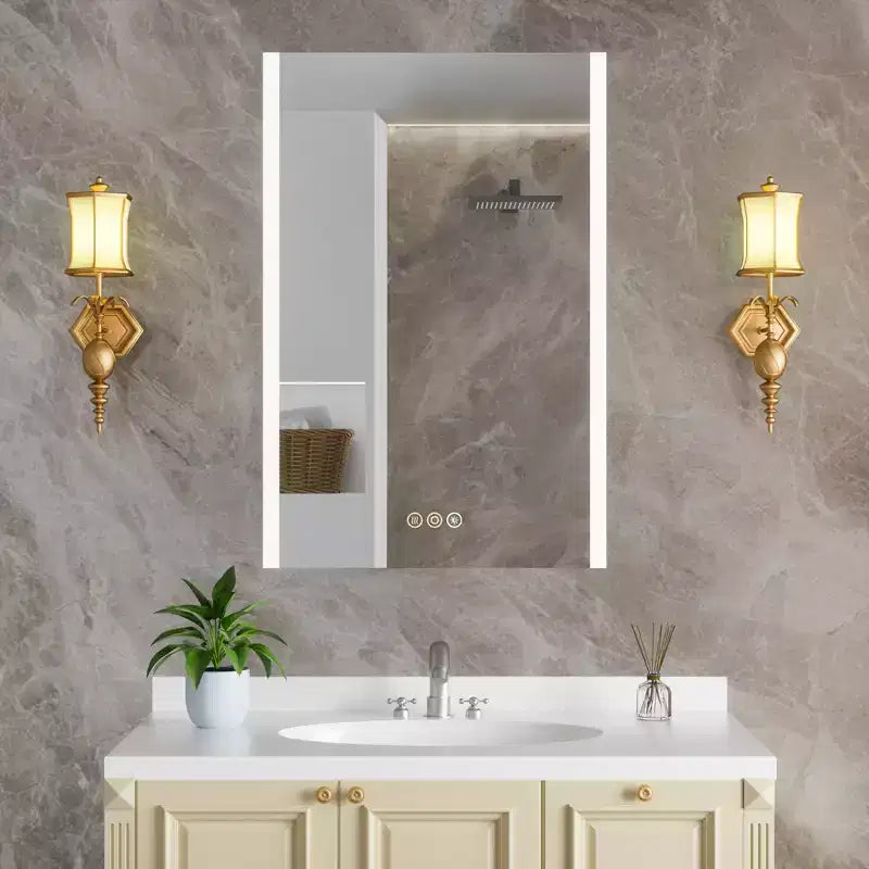 Armoire à pharmacie LED avec miroir, montage en surface ou encastré, lumière dimmable 3 couleurs, anti-buée, USB et prise de courant