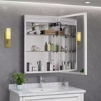 Armoire à pharmacie LED avec miroir, montage en surface ou encastré, lumière dimmable 3 couleurs, anti-buée, USB et prise de courant