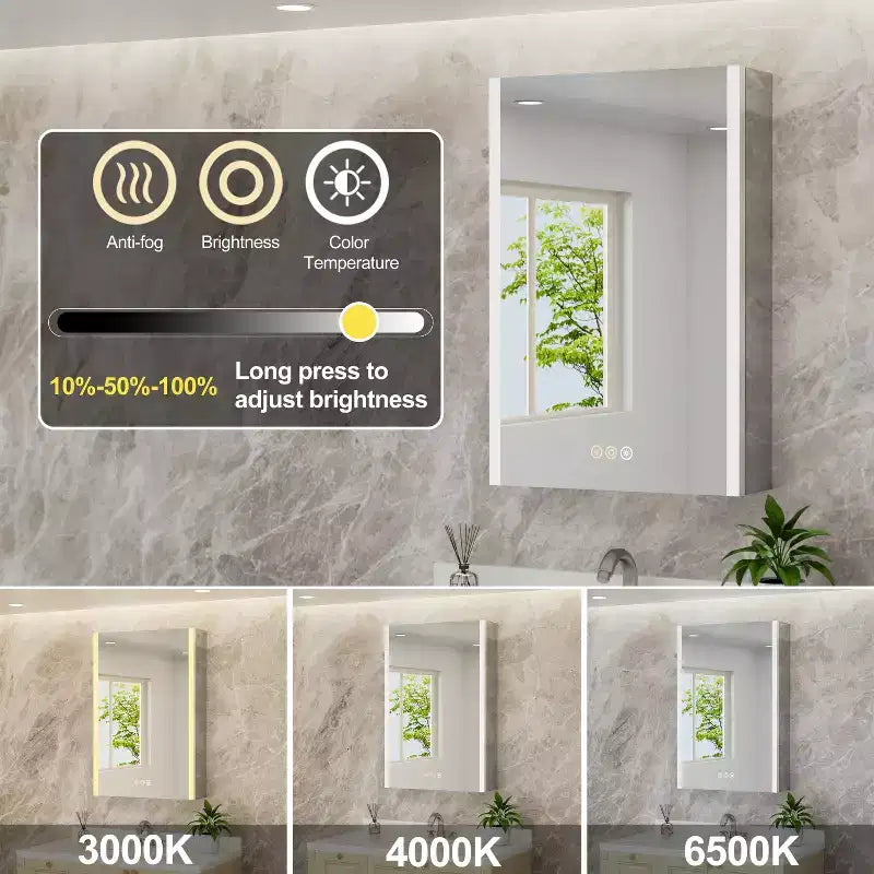 Armoire à pharmacie LED avec miroir, montage en surface ou encastré, lumière dimmable 3 couleurs, anti-buée, USB et prise de courant