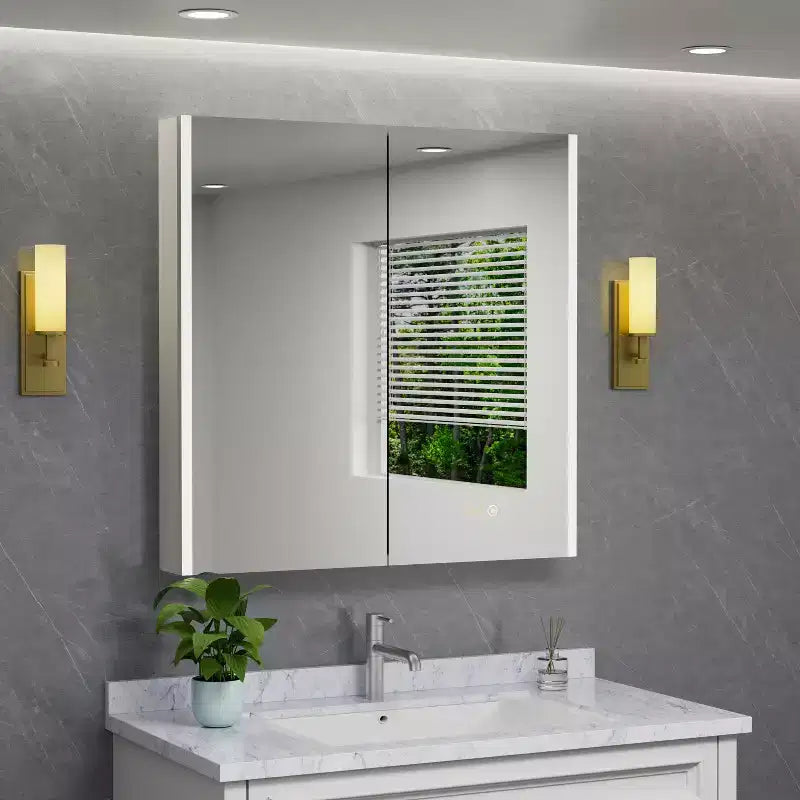 Armoire à pharmacie LED avec miroir, montage en surface ou encastré, lumière dimmable 3 couleurs, anti-buée, USB et prise de courant