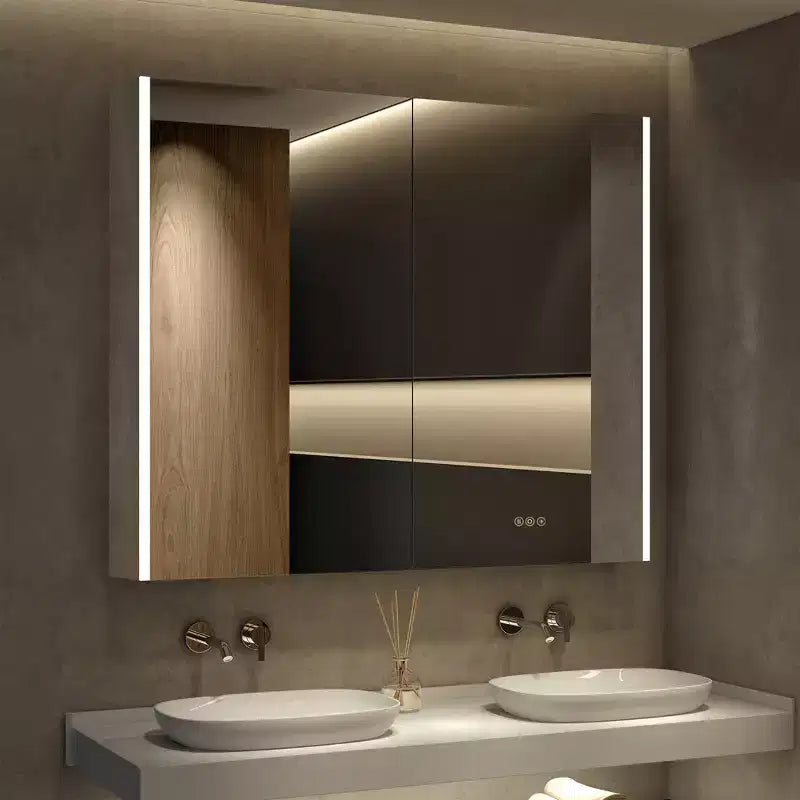 Armoire à pharmacie LED avec miroir, montage en surface ou encastré, lumière dimmable 3 couleurs, anti-buée, USB et prise de courant