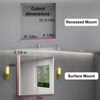 Armoire à pharmacie LED avec miroir, montage en surface ou encastré, lumière dimmable 3 couleurs, anti-buée, USB et prise de courant