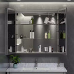 Armoire à pharmacie LED avec miroir, montage en surface ou encastré, lumière dimmable 3 couleurs, anti-buée, USB et prise de courant