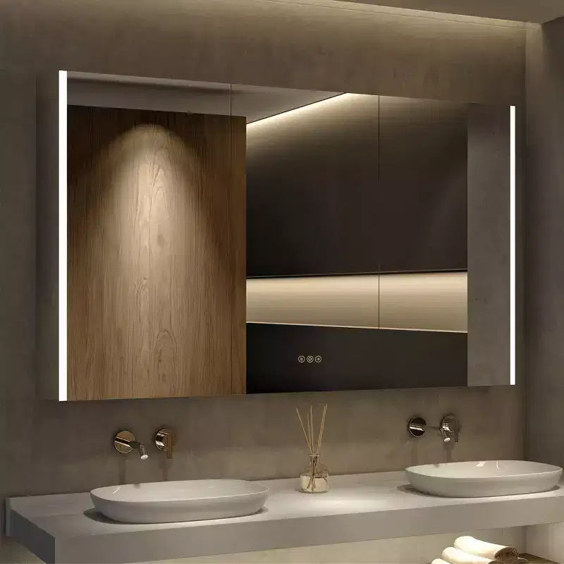 Armoire à pharmacie LED avec miroir, montage en surface ou encastré, lumière dimmable 3 couleurs, anti-buée, USB et prise de courant