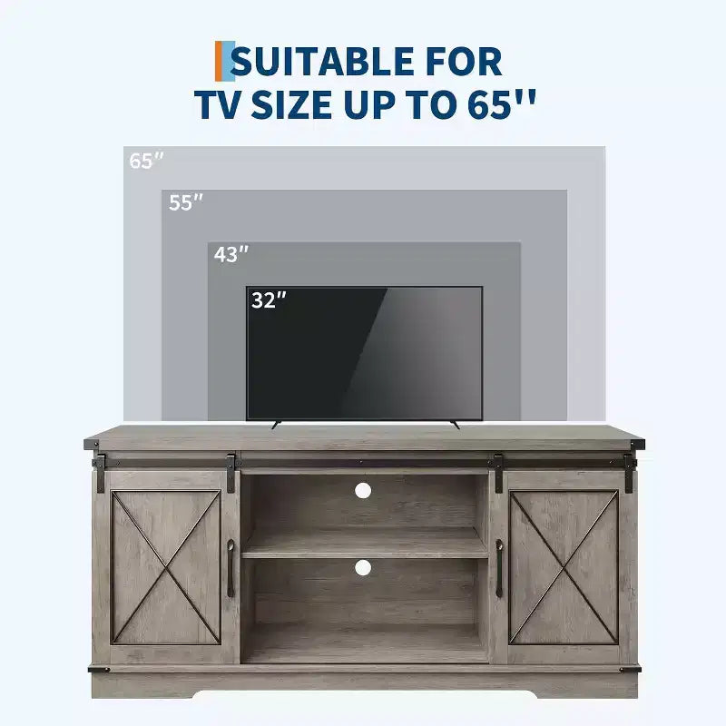 Meuble TV de style ferme pour téléviseurs jusqu'à 65 pouces, meuble de divertissement avec portes coulissantes de grange et armoires de rangement, console multimédia pour salon, chambre à coucher