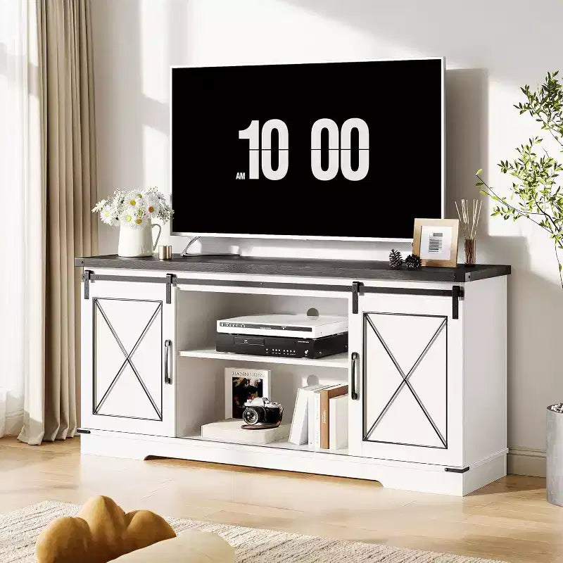 Meuble TV de style ferme pour téléviseurs jusqu'à 65 pouces, meuble de divertissement avec portes coulissantes de grange et armoires de rangement, console multimédia pour salon, chambre à coucher