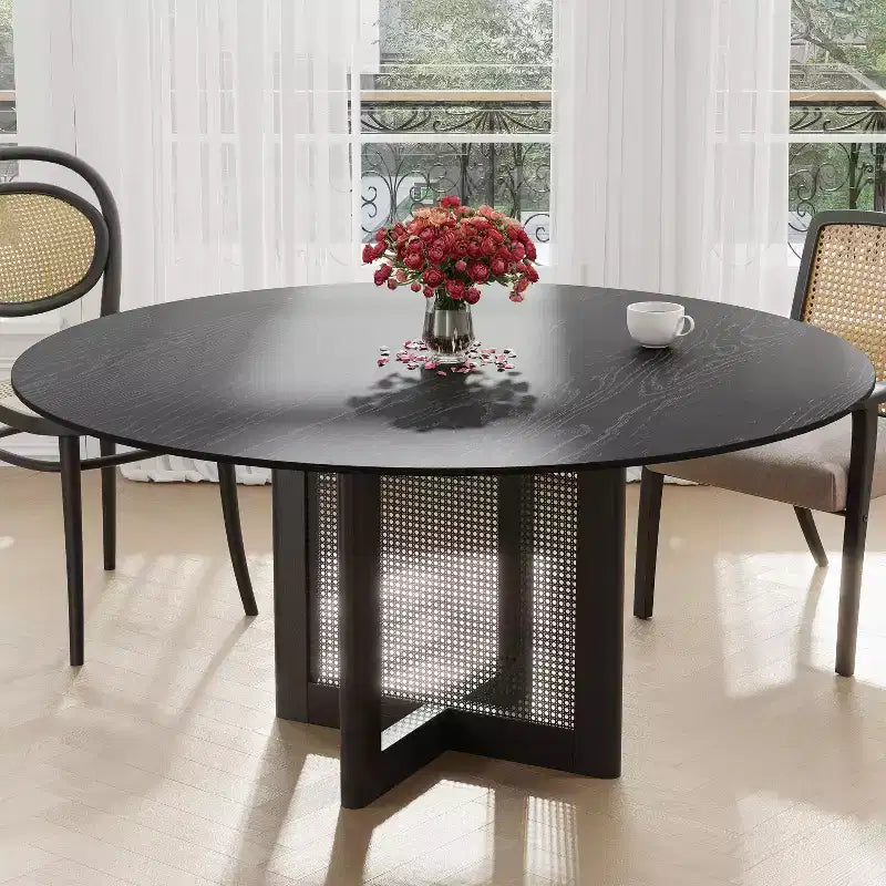 PexFix 60 x 60 Table de salle à manger de cuisine de style ferme Table de cuisine ronde noire avec pieds en rotin tressé pour cuisine bar salon