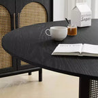 PexFix 60 x 60 Table de salle à manger de cuisine de style ferme Table de cuisine ronde noire avec pieds en rotin tressé pour cuisine bar salon