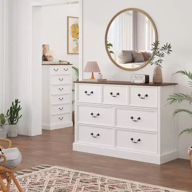 Commode en bois 7 tiroirs Acekool, organisateur de rangement rustique de style ferme pour chambre, salon, couloir et chambre d'enfant