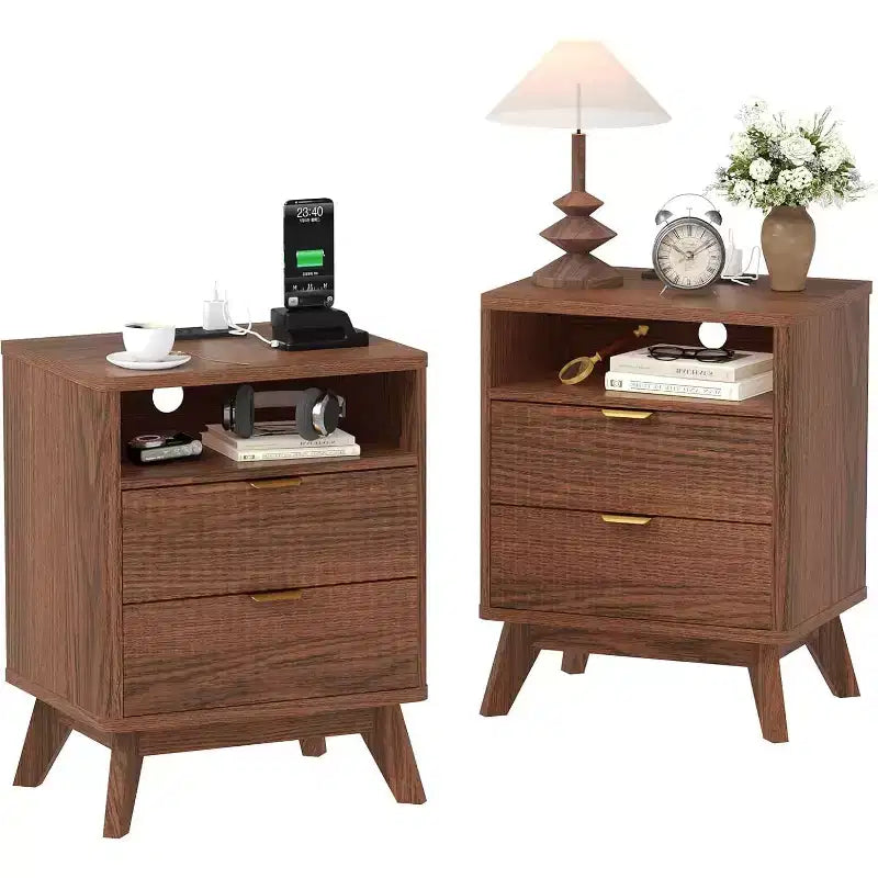 Modern Fluted Nightstand, Wood Bedside Table with USB Ports and Outlets, 2 Drawers and Open Shelf, Accent End Table