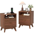 Modern Fluted Nightstand, Wood Bedside Table with USB Ports and Outlets, 2 Drawers and Open Shelf, Accent End Table