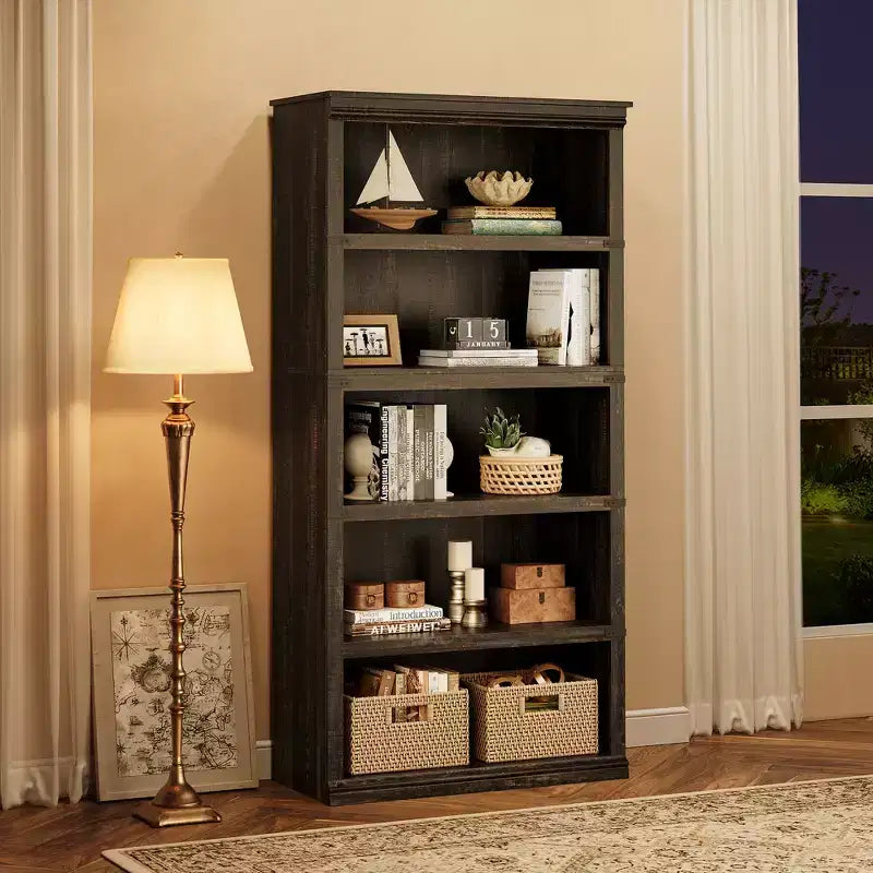 Étagère à 5 niveaux, Bibliothèque de style Ferme avec Rangement, Étagères en Bois pour Salon, Bureau à Domicile
