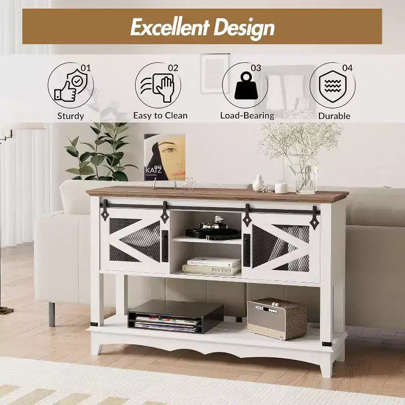 Console de ferme rustique avec portes coulissantes, Meuble de rangement, Table d'entrée, Table de canapé pour Salon, Couloir, Meuble rustique moderne