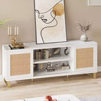 Meuble TV pour Téléviseur 65 Pouces, Meuble TV Moderne Blanc, Meuble Console TV en Rotin avec Rangement, Portes et Étagères