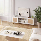 Meuble TV pour Téléviseur 65 Pouces, Meuble TV Moderne Blanc, Meuble Console TV en Rotin avec Rangement, Portes et Étagères
