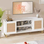 Meuble TV pour Téléviseur 65 Pouces, Meuble TV Moderne Blanc, Meuble Console TV en Rotin avec Rangement, Portes et Étagères