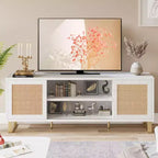 Meuble TV pour Téléviseur 65 Pouces, Meuble TV Moderne Blanc, Meuble Console TV en Rotin avec Rangement, Portes et Étagères