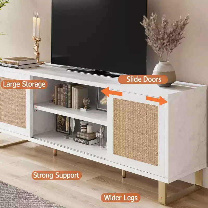 Meuble TV pour Téléviseur 65 Pouces, Meuble TV Moderne Blanc, Meuble Console TV en Rotin avec Rangement, Portes et Étagères