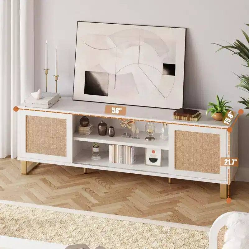 Meuble TV pour Téléviseur 65 Pouces, Meuble TV Moderne Blanc, Meuble Console TV en Rotin avec Rangement, Portes et Étagères