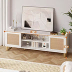 Meuble TV pour Téléviseur 65 Pouces, Meuble TV Moderne Blanc, Meuble Console TV en Rotin avec Rangement, Portes et Étagères