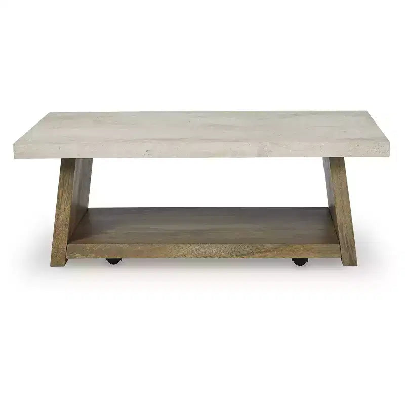Signature Design by Ashley Table basse Brendalhouse – Bois clair avec plateau imitation ciment, roulettes, étagère de rangement inférieure