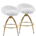 Karl Home 2 Piece Set of White Swivel Bar Stools with Teddy Fleece and Electro - Plated Gold Iron Legs