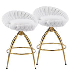 Karl Home 2 Piece Set of White Swivel Bar Stools with Teddy Fleece and Electro - Plated Gold Iron Legs