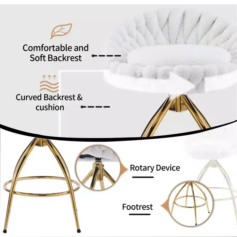 Karl Home Lot de 2 tabourets de bar pivotants blancs avec revêtement en tissu bouclette et pieds en fer doré galvanisé